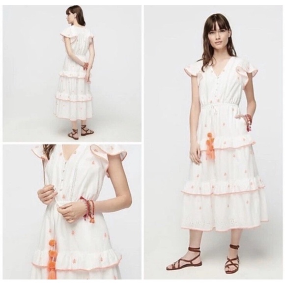 EUC J Crew Point Sur Pom Pom Flutter Sleeve Midi Dress Size 10 White Orange - Picture 1 of 2